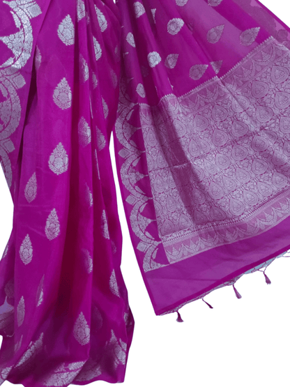 Soft Magenta Handloom Silk Saree with Silver Zari & Floral Motif (Mane Made Silk)