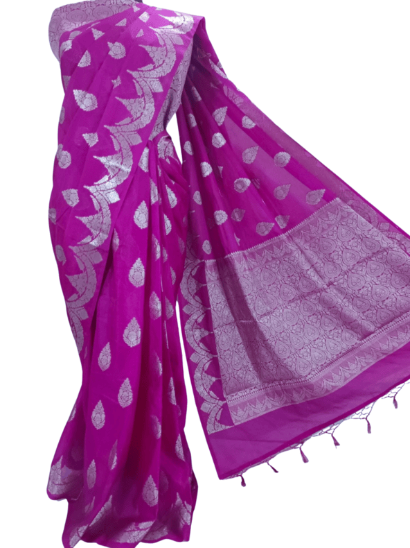 Soft Magenta Handloom Silk Saree with Silver Zari & Floral Motif (Mane Made Silk)