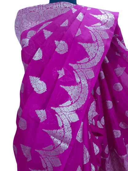 Soft Magenta Handloom Silk Saree with Silver Zari & Floral Motif (Mane Made Silk)