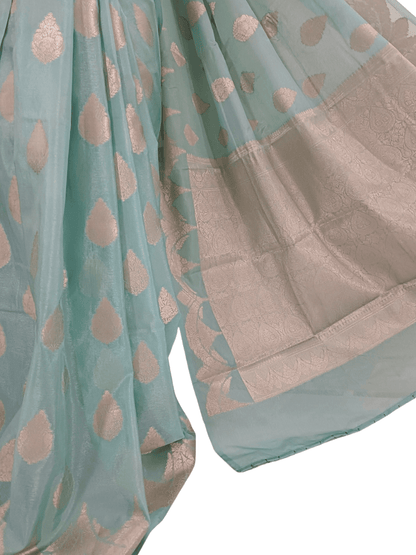 Soft Sea Green Handloom Silk Saree with Silver Zari & Floral Motif (Mane Made Silk)