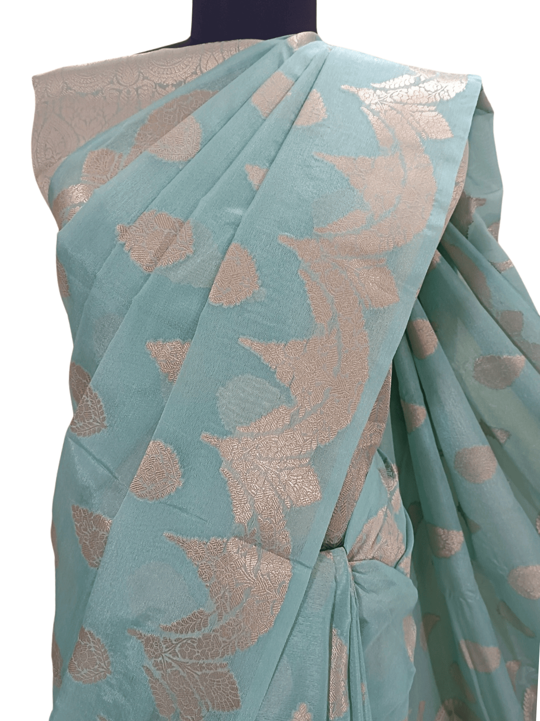 Soft Sea Green Handloom Silk Saree with Silver Zari & Floral Motif (Mane Made Silk)