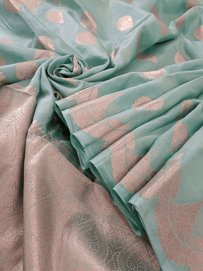 Soft Sea Green Handloom Silk Saree with Silver Zari & Floral Motif (Mane Made Silk)