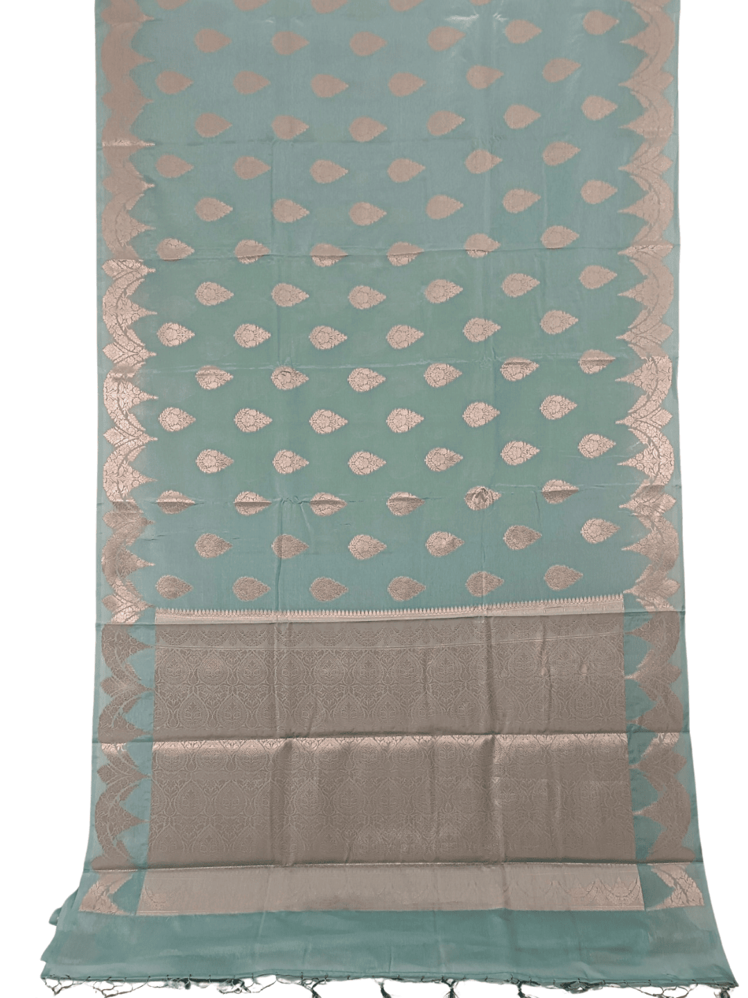 Soft Sea Green Handloom Silk Saree with Silver Zari & Floral Motif (Mane Made Silk)