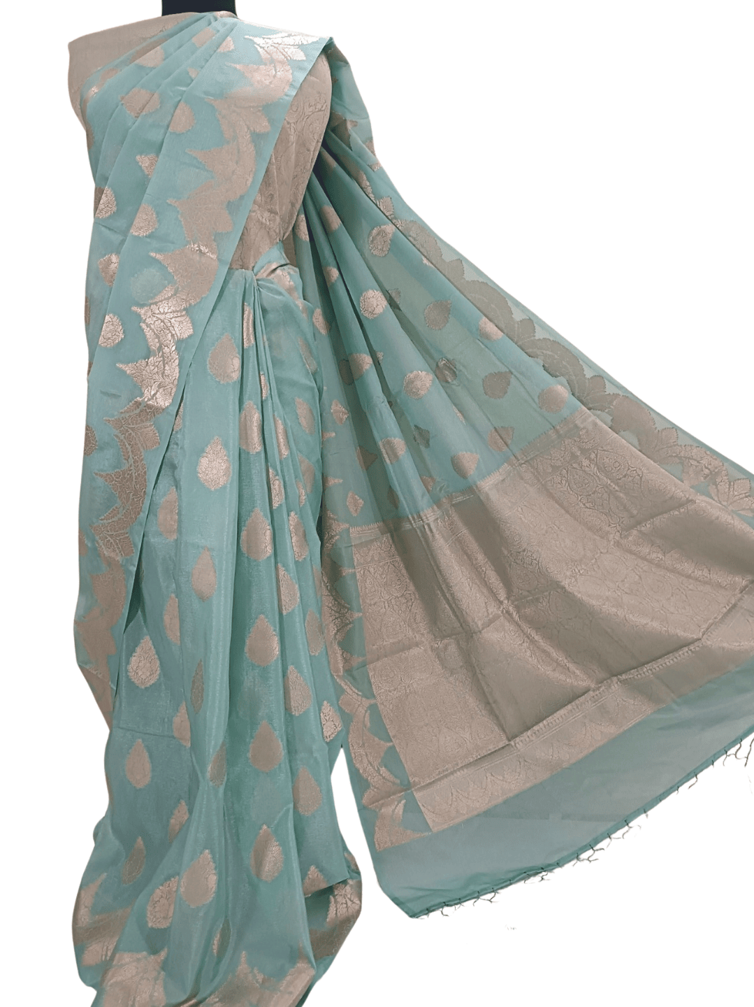 Soft Sea Green Handloom Silk Saree with Silver Zari & Floral Motif (Mane Made Silk)