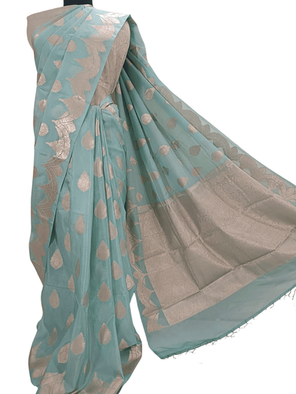 Soft Sea Green Handloom Silk Saree with Silver Zari & Floral Motif (Mane Made Silk)