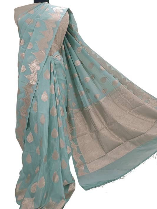 Soft Sea Green Handloom Silk Saree with Silver Zari & Floral Motif (Mane Made Silk)