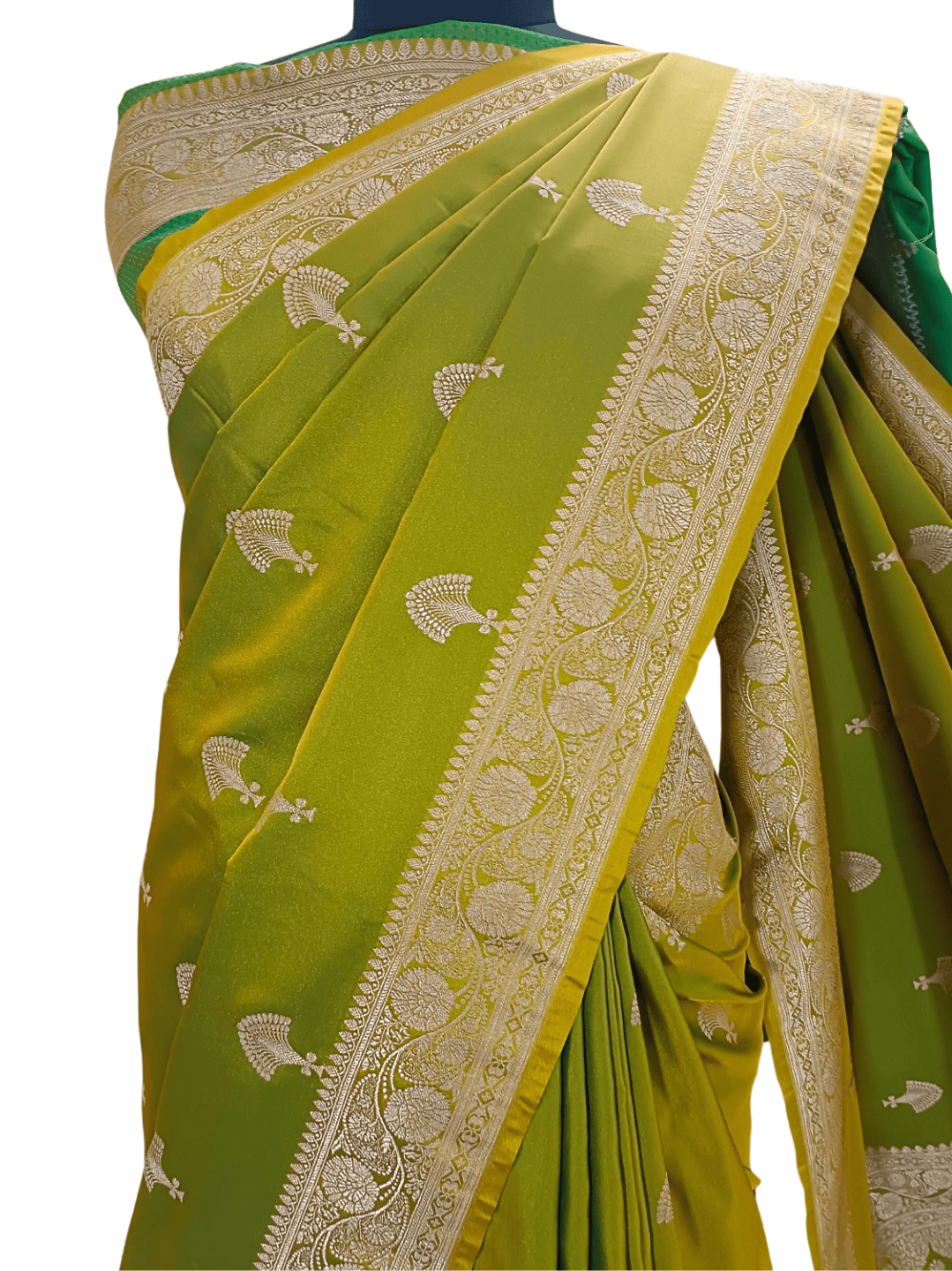 Lemon Green Handloom Banarasi Silk Saree with Zari Woven Border & All-Over Motifs