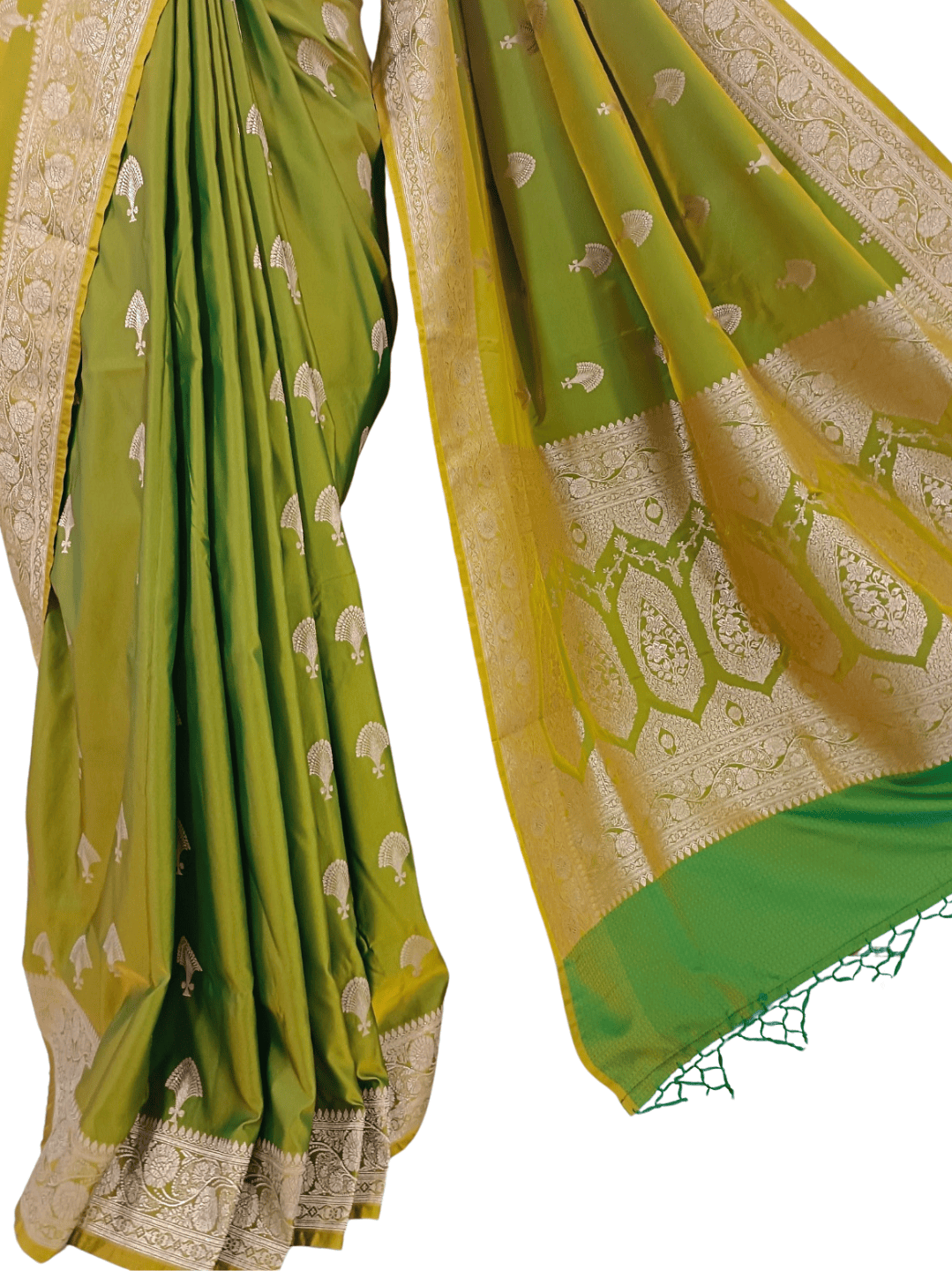 Lemon Green Handloom Banarasi Silk Saree with Zari Woven Border & All-Over Motifs