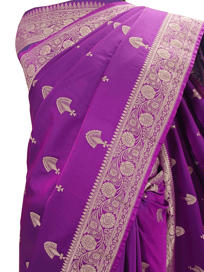 Royal Purple Handloom Banarasi Silk Saree with Zari Woven Border (Mane Made Silk)