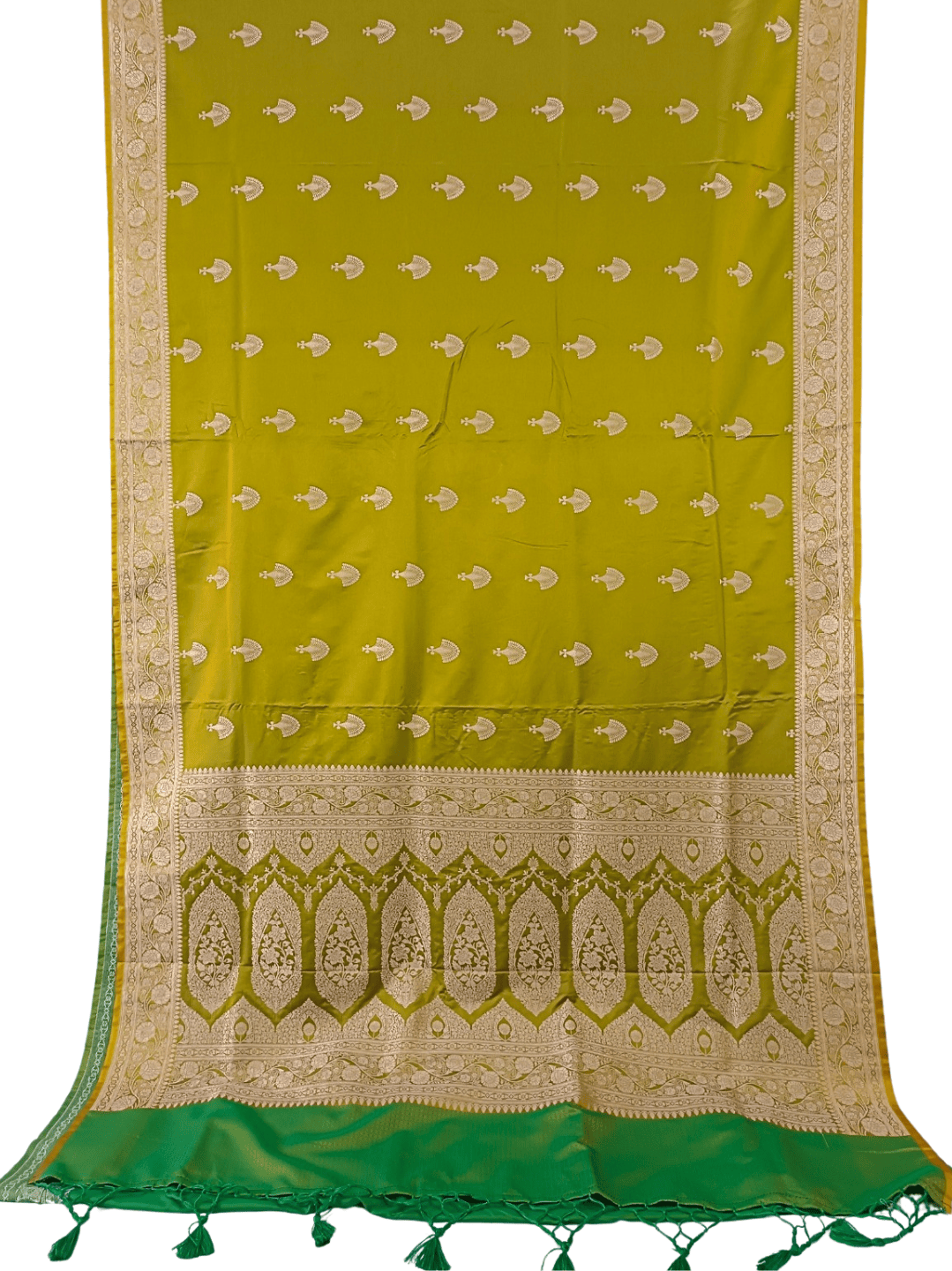 Lemon Green Handloom Banarasi Silk Saree with Zari Woven Border & All-Over Motifs