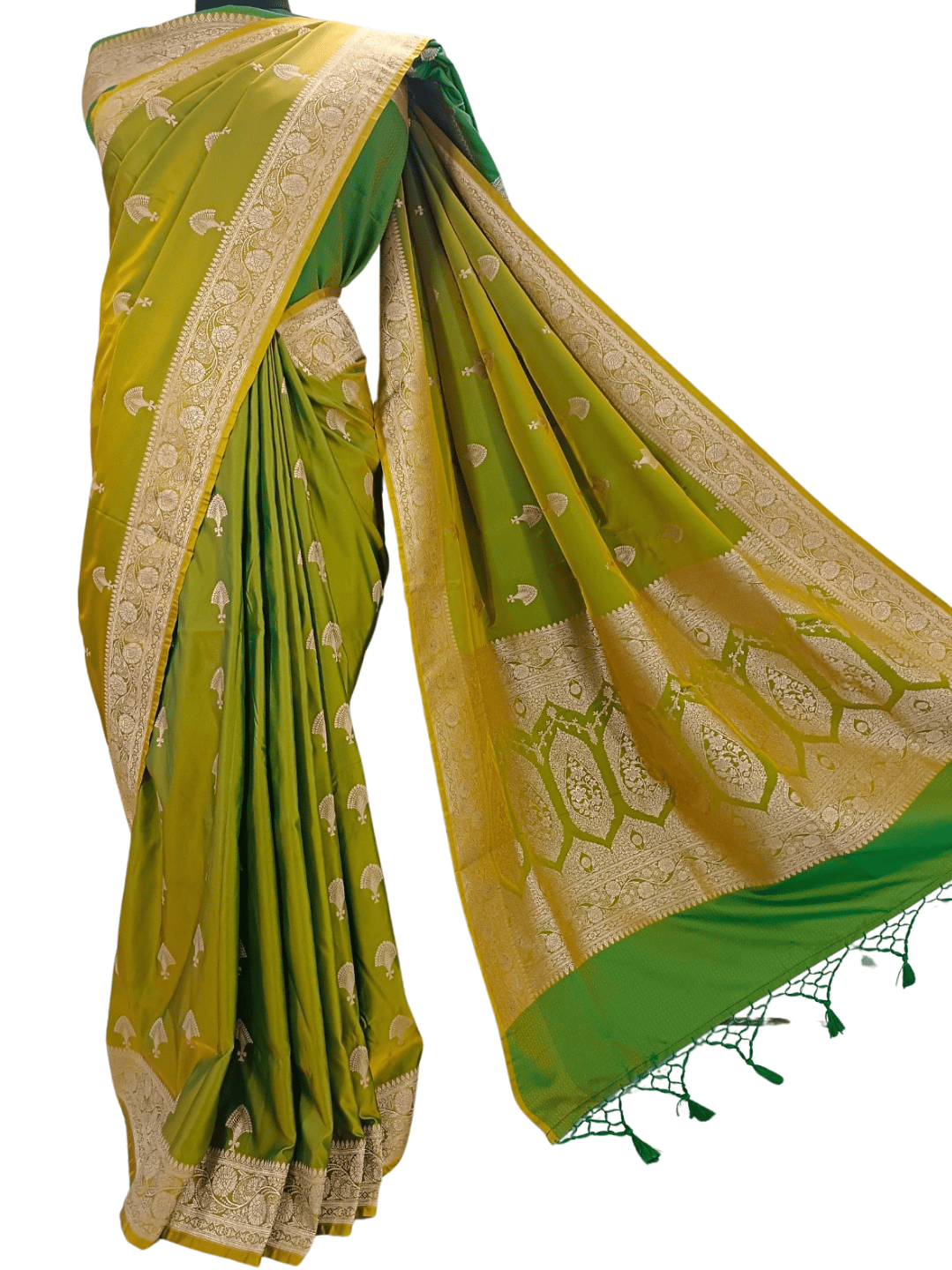 Lemon Green Handloom Banarasi Silk Saree with Zari Woven Border & All-Over Motifs