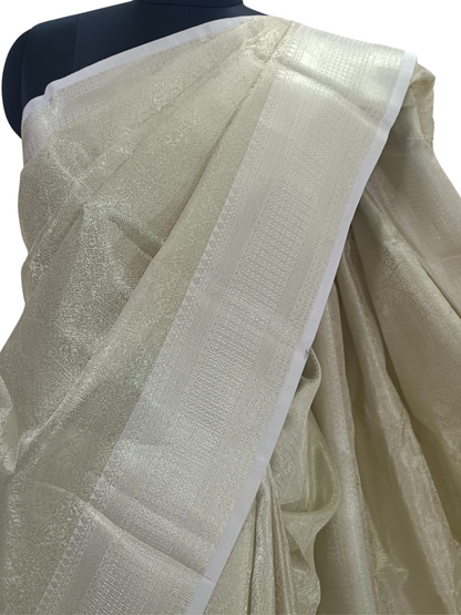 Silver-Gold Geometric Pattern Tanchui Silk Saree – A Modern Classic with Regal Roots