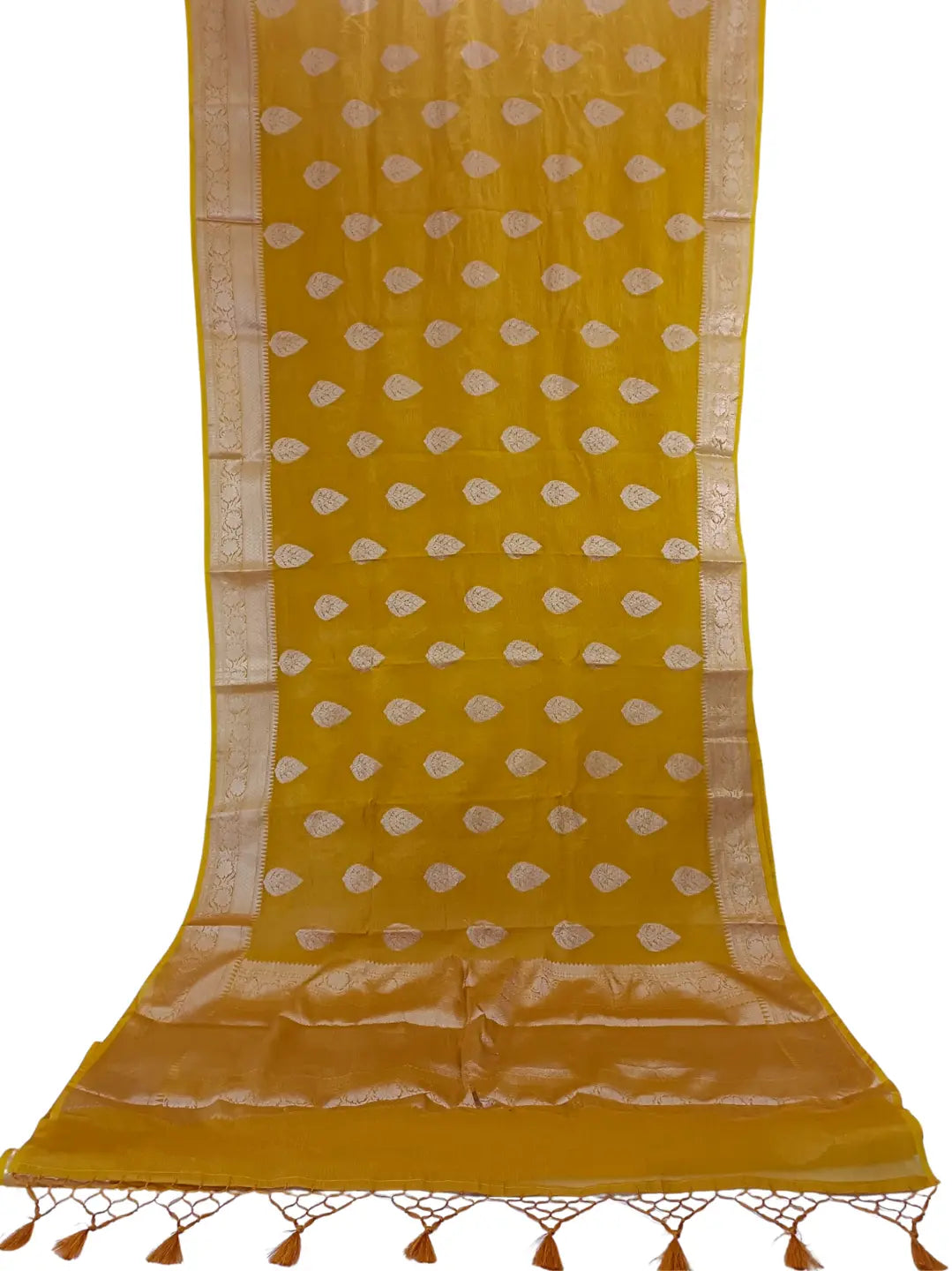 Step into timeless elegance with this stunning Mustard Banarasi Silk Saree