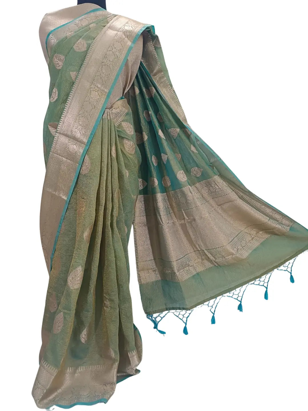 ElegSea Blue Banarasi Katan Crushed Tissue Silk Saree – A Timeless Fusion of Tradition  Grace