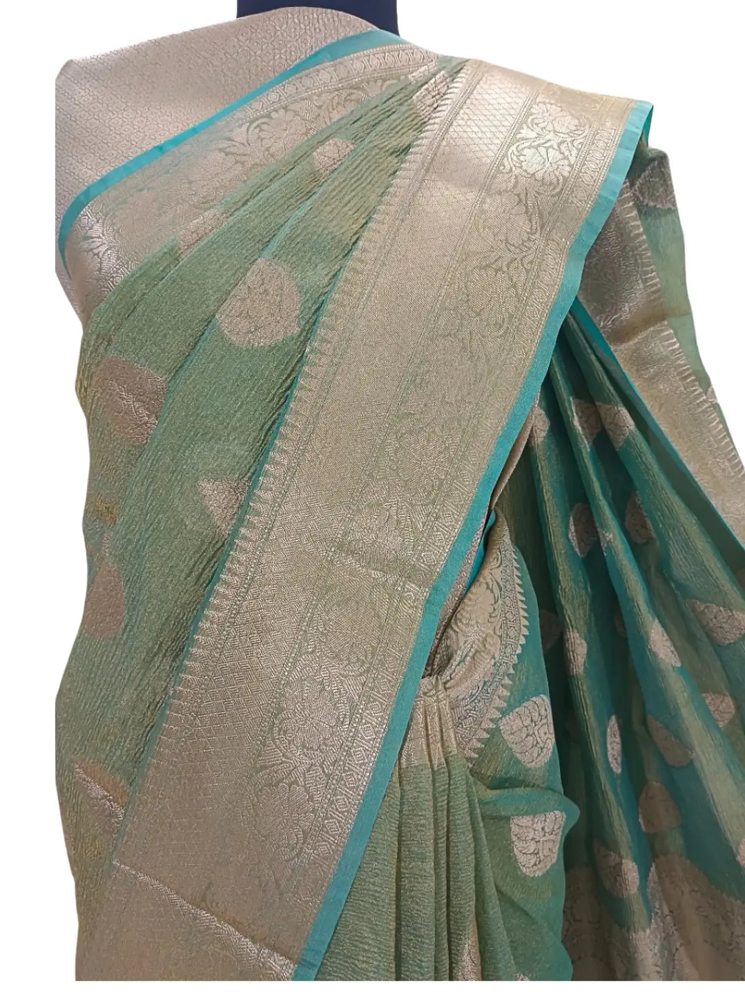 ElegSea Blue Banarasi Katan Crushed Tissue Silk Saree – A Timeless Fusion of Tradition  Grace
