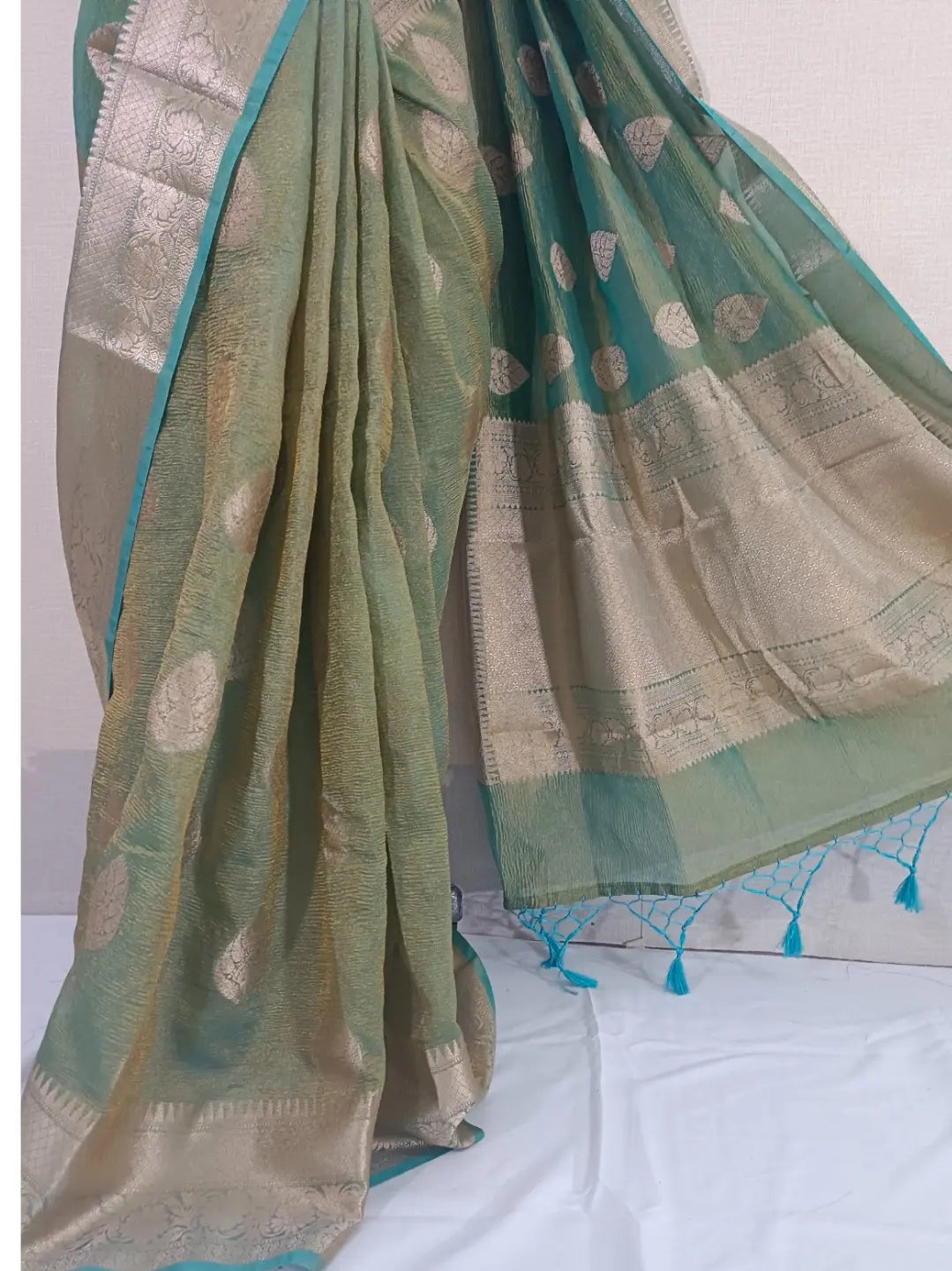 ElegSea Blue Banarasi Katan Crushed Tissue Silk Saree – A Timeless Fusion of Tradition  Grace