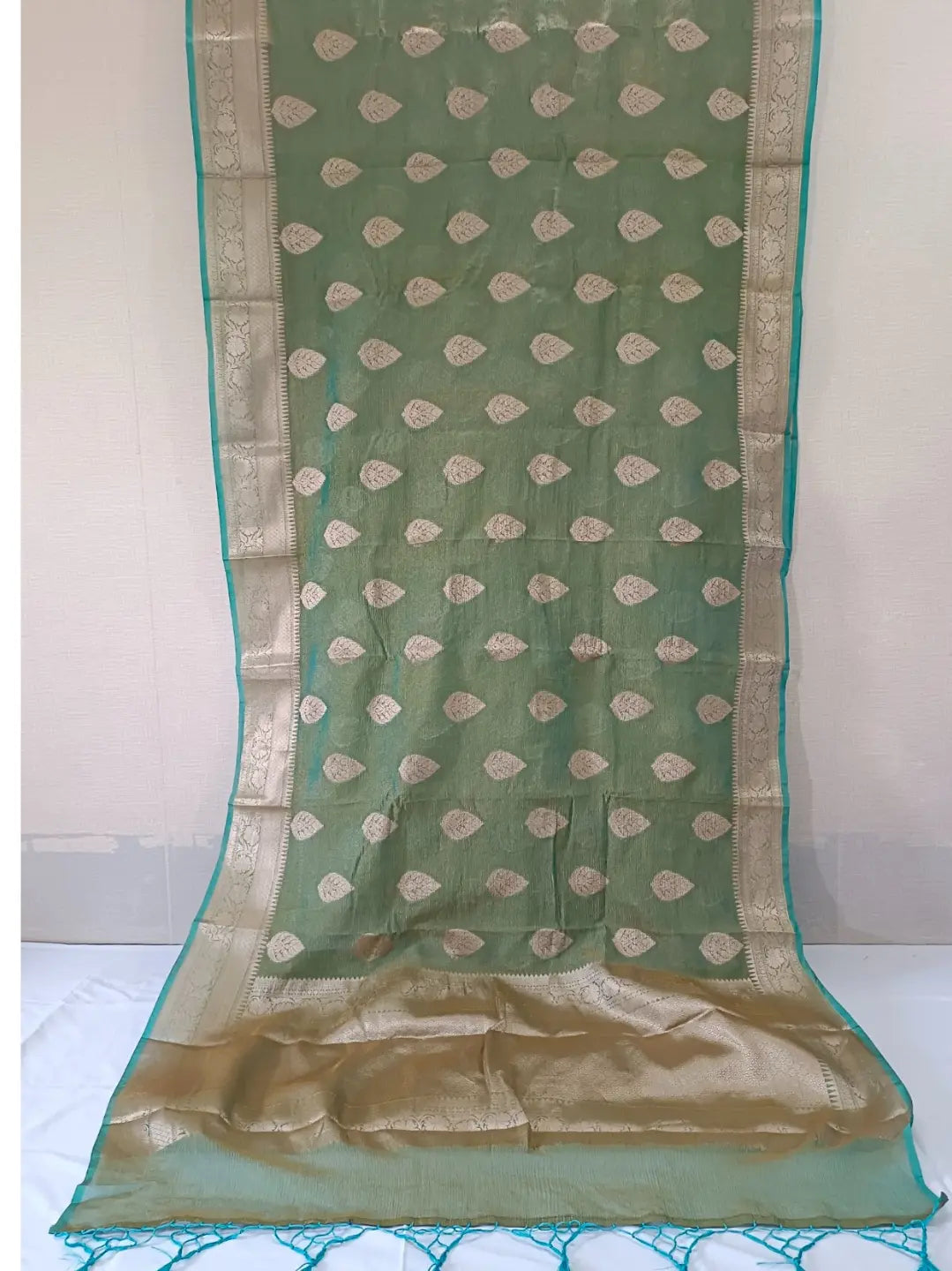 ElegSea Blue Banarasi Katan Crushed Tissue Silk Saree – A Timeless Fusion of Tradition  Grace