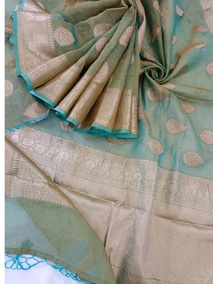 ElegSea Blue Banarasi Katan Crushed Tissue Silk Saree – A Timeless Fusion of Tradition  Grace