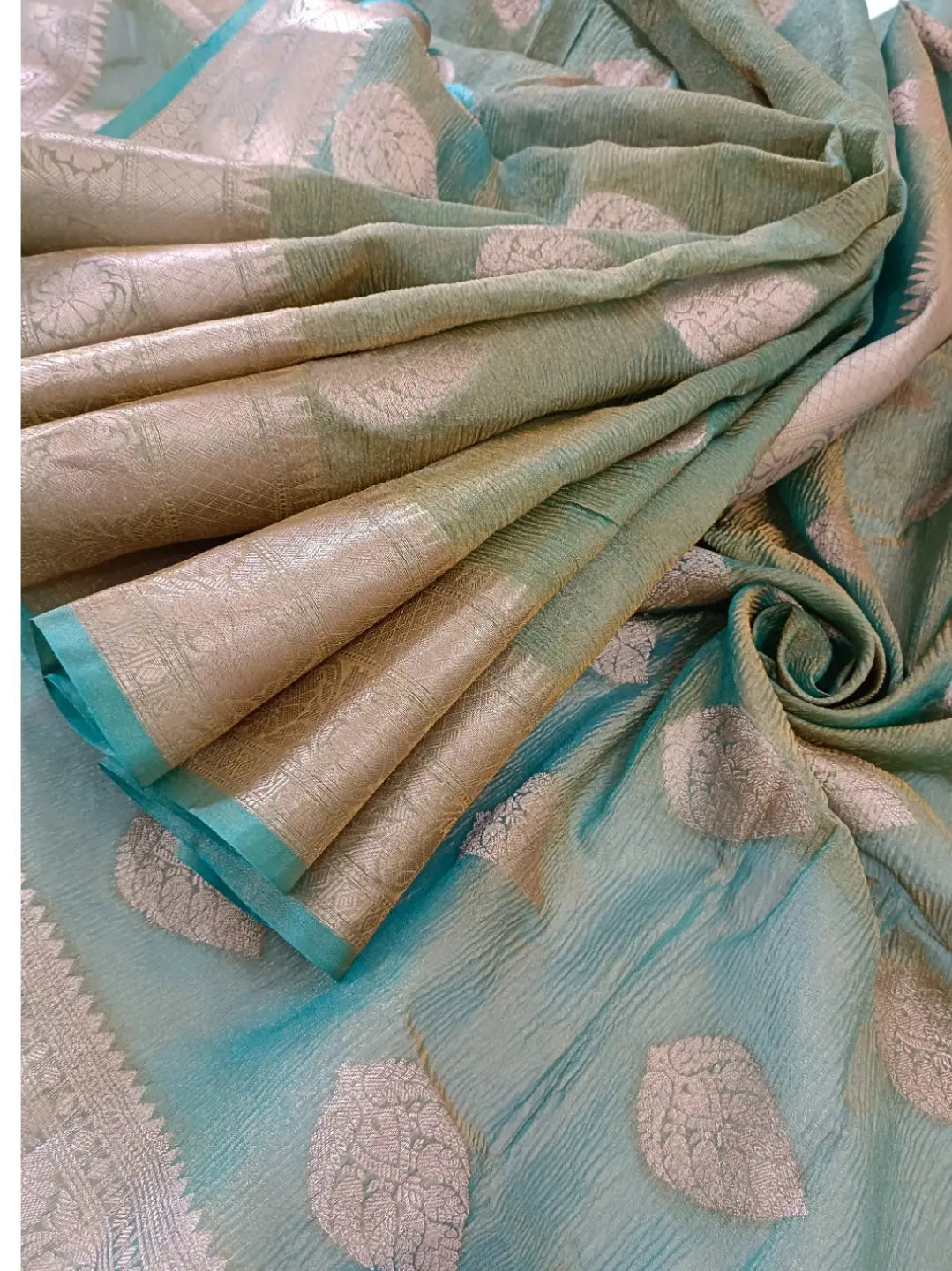 ElegSea Blue Banarasi Katan Crushed Tissue Silk Saree – A Timeless Fusion of Tradition  Grace