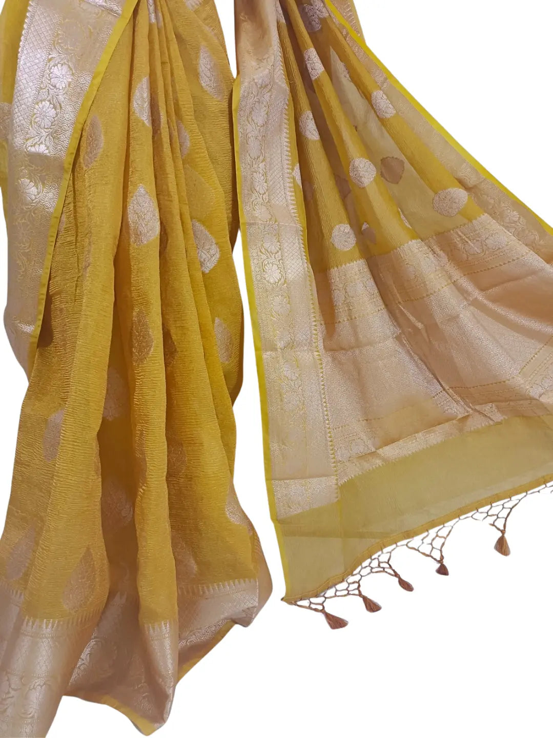 Step into timeless elegance with this stunning Mustard Banarasi Silk Saree