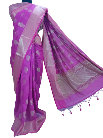 Pink &  Purple Handloom Cotton Chanderi Saree with Golden Woven Border – A Story Woven in Threads
