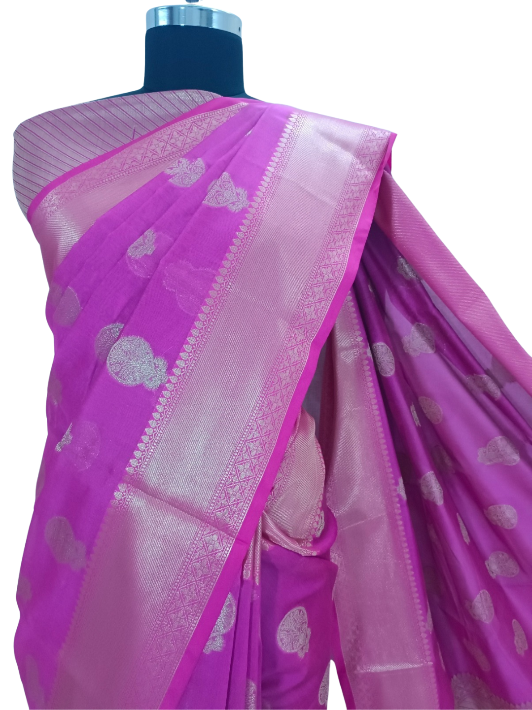 Pink &  Purple Handloom Cotton Chanderi Saree with Golden Woven Border – A Story Woven in Threads