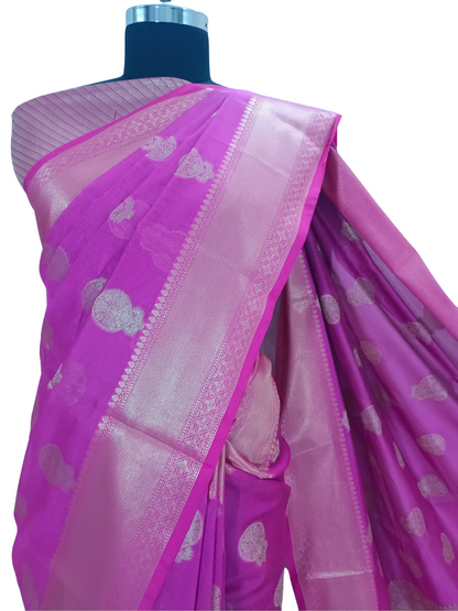 Pink &  Purple Handloom Cotton Chanderi Saree with Golden Woven Border – A Story Woven in Threads