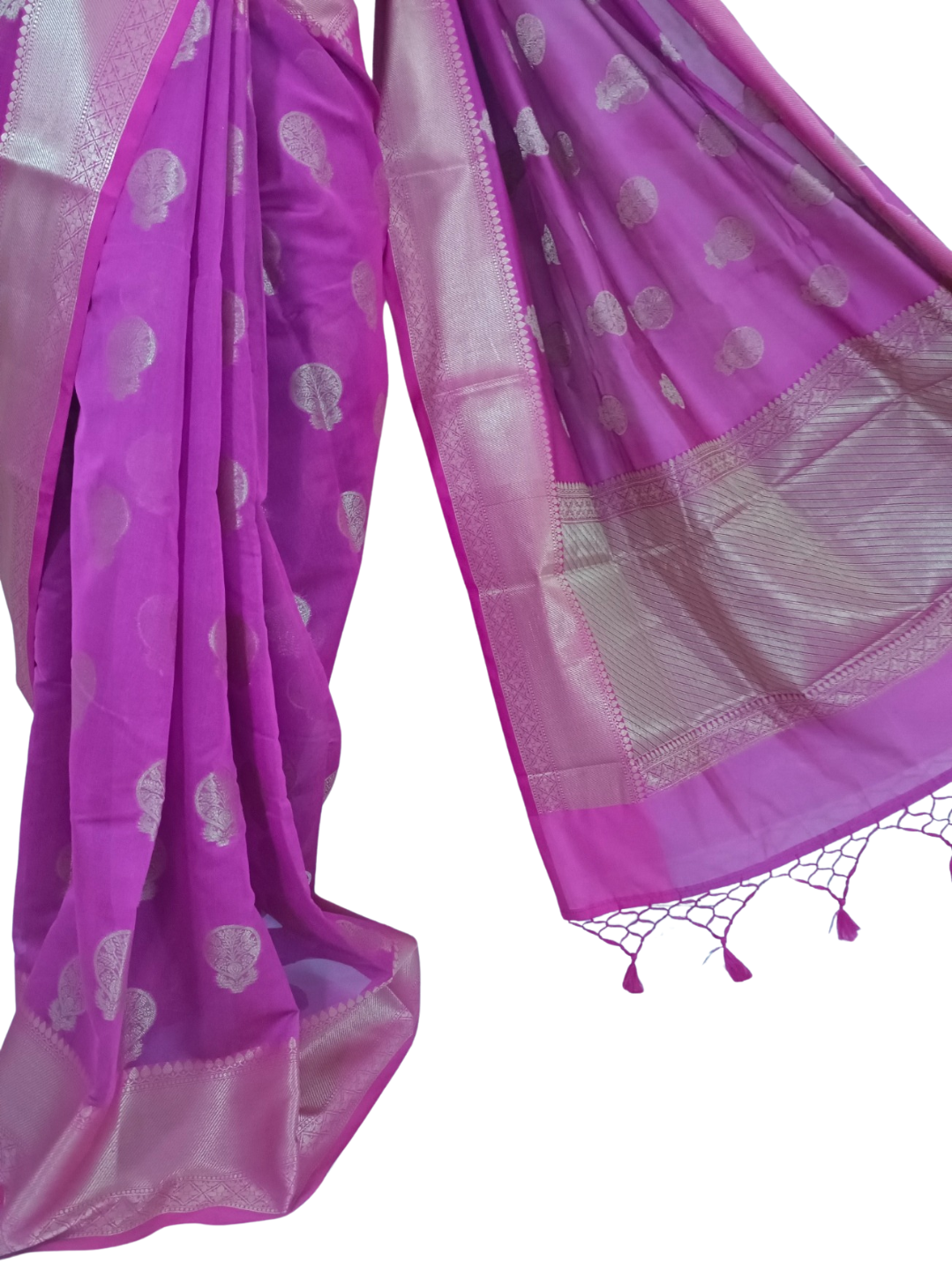 Pink &  Purple Handloom Cotton Chanderi Saree with Golden Woven Border – A Story Woven in Threads