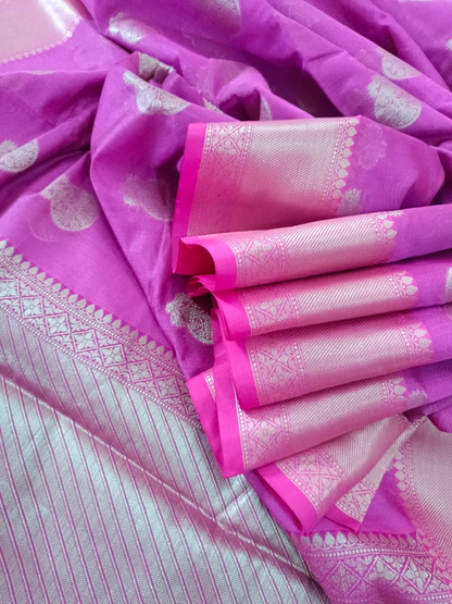 Pink &  Purple Handloom Cotton Chanderi Saree with Golden Woven Border – A Story Woven in Threads