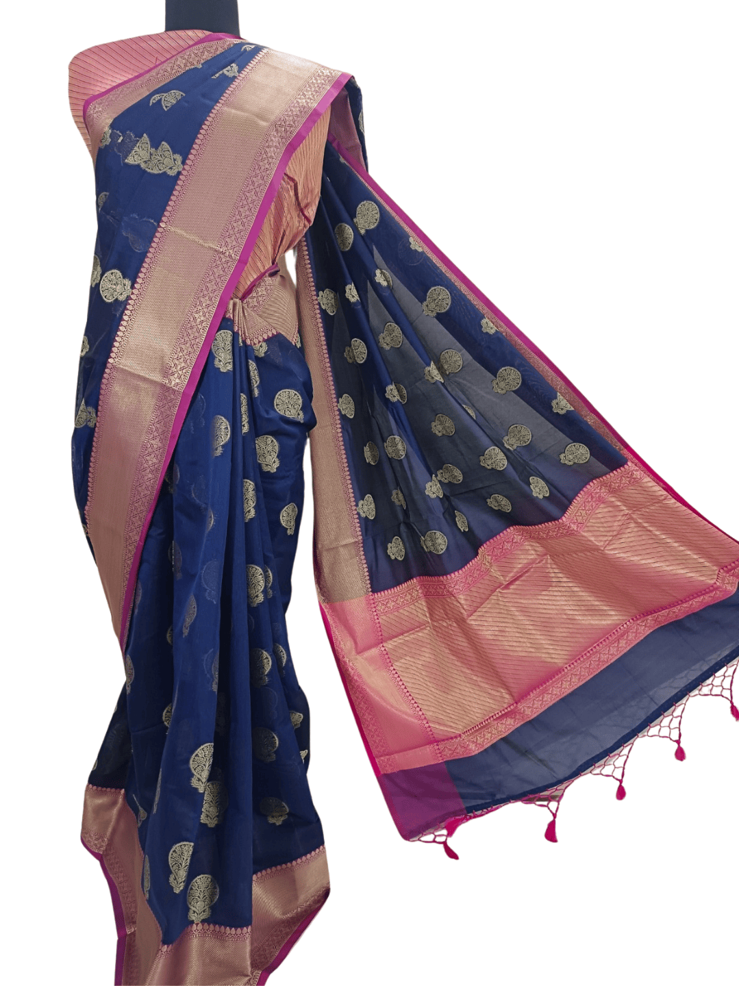 Azure Bloom: Blue & Pink Handloom Cotton Chandery Saree