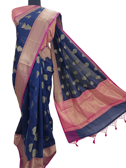 Azure Bloom: Blue & Pink Handloom Cotton Chandery Saree