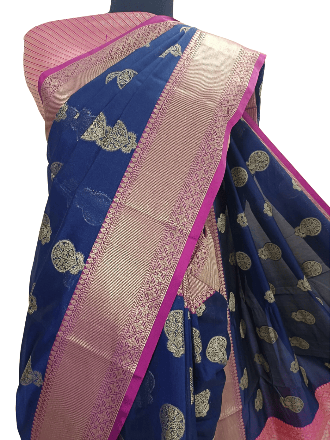 Azure Bloom: Blue & Pink Handloom Cotton Chandery Saree