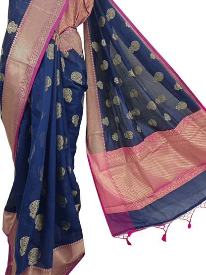 Azure Bloom: Blue & Pink Handloom Cotton Chandery Saree