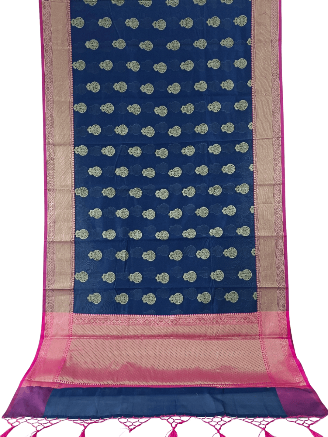Azure Bloom: Blue & Pink Handloom Cotton Chandery Saree