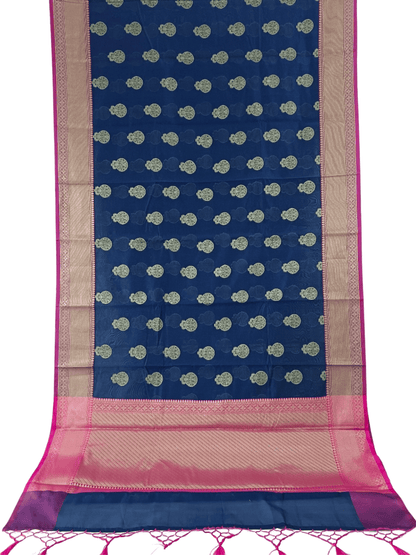Azure Bloom: Blue & Pink Handloom Cotton Chandery Saree