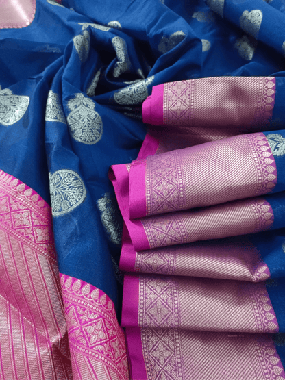 Azure Bloom: Blue & Pink Handloom Cotton Chandery Saree