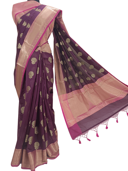 Royal Elegance: Deep Purple & Pink Handloom Cotton Chandery Saree