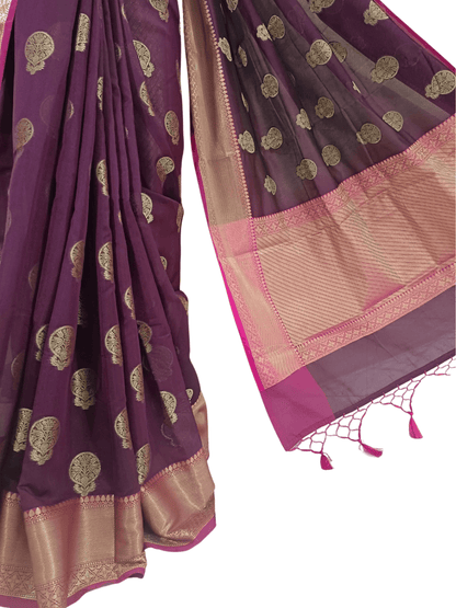 Royal Elegance: Deep Purple & Pink Handloom Cotton Chandery Saree
