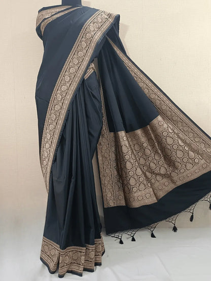Exquisite Black Handloom Soft Mashru Silk Saree With Gold Zari Border & Aancha