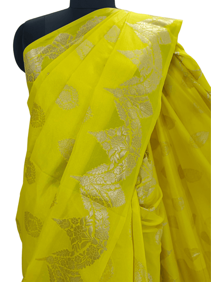 Soft Lemon Yellow Handloom Silk Saree with Silver Zari & Floral Motif