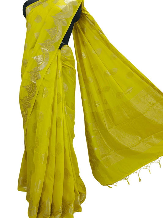 Soft Lemon Yellow Handloom Silk Saree with Silver Zari & Floral Motif