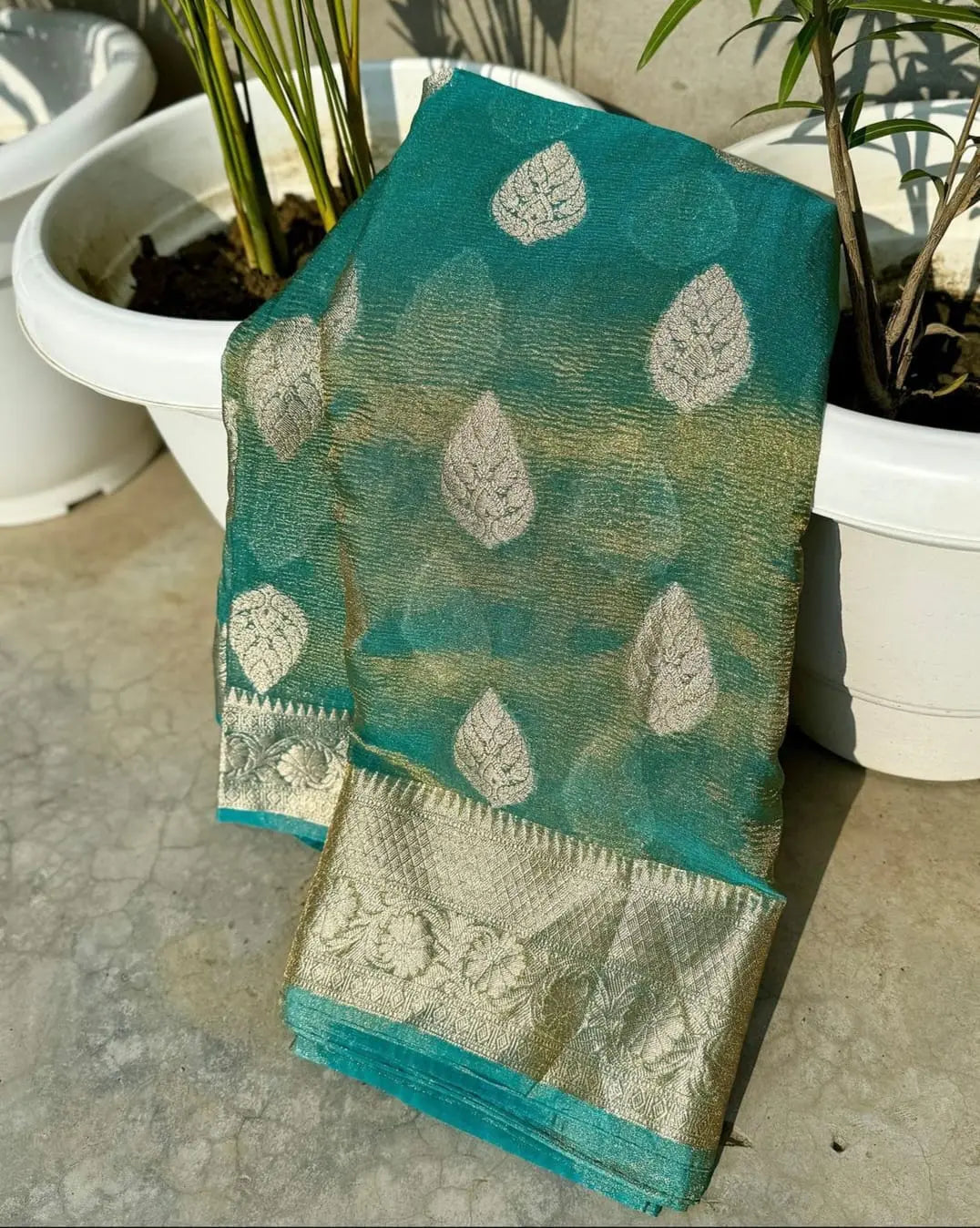 ElegSea Blue Banarasi Katan Crushed Tissue Silk Saree – A Timeless Fusion of Tradition  Grace