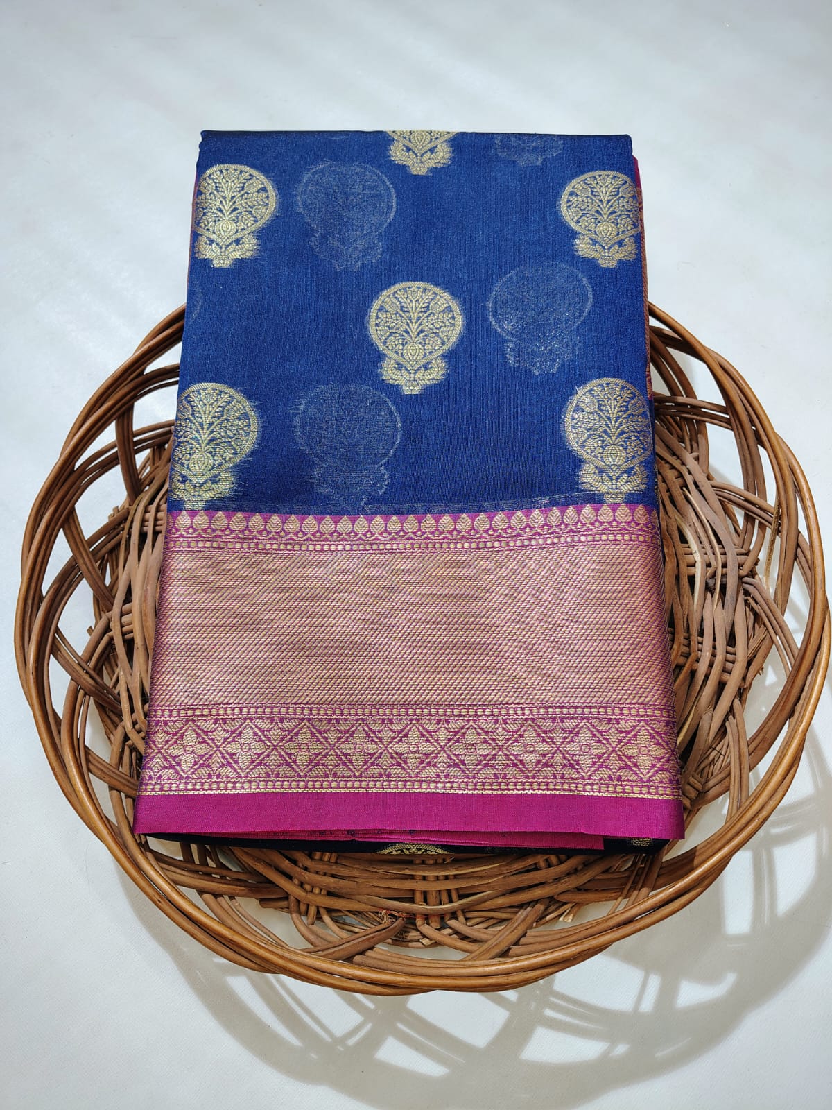 Azure Bloom: Blue & Pink Handloom Cotton Chandery Saree